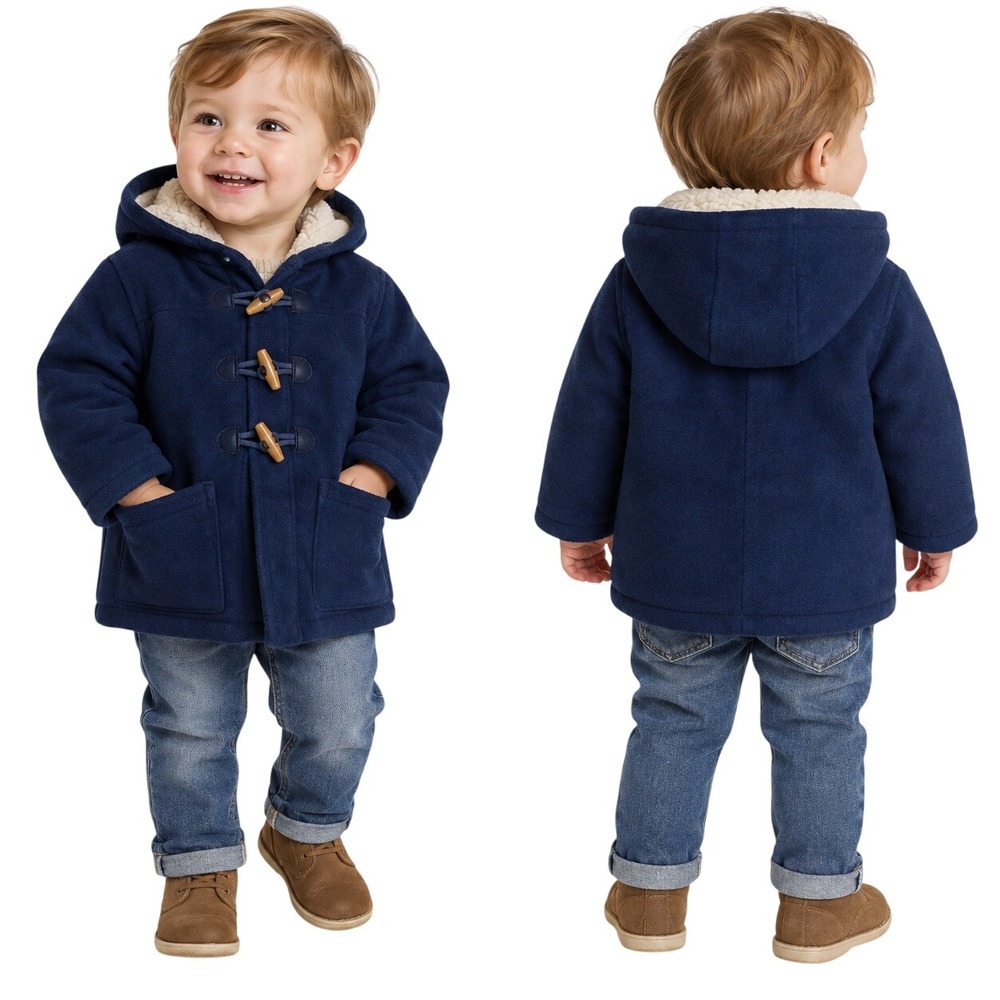 Vintage OshKosh Bgosh Toggle Duffle Coat Navy Blue Sherpa Lined Hood Toddler 18M